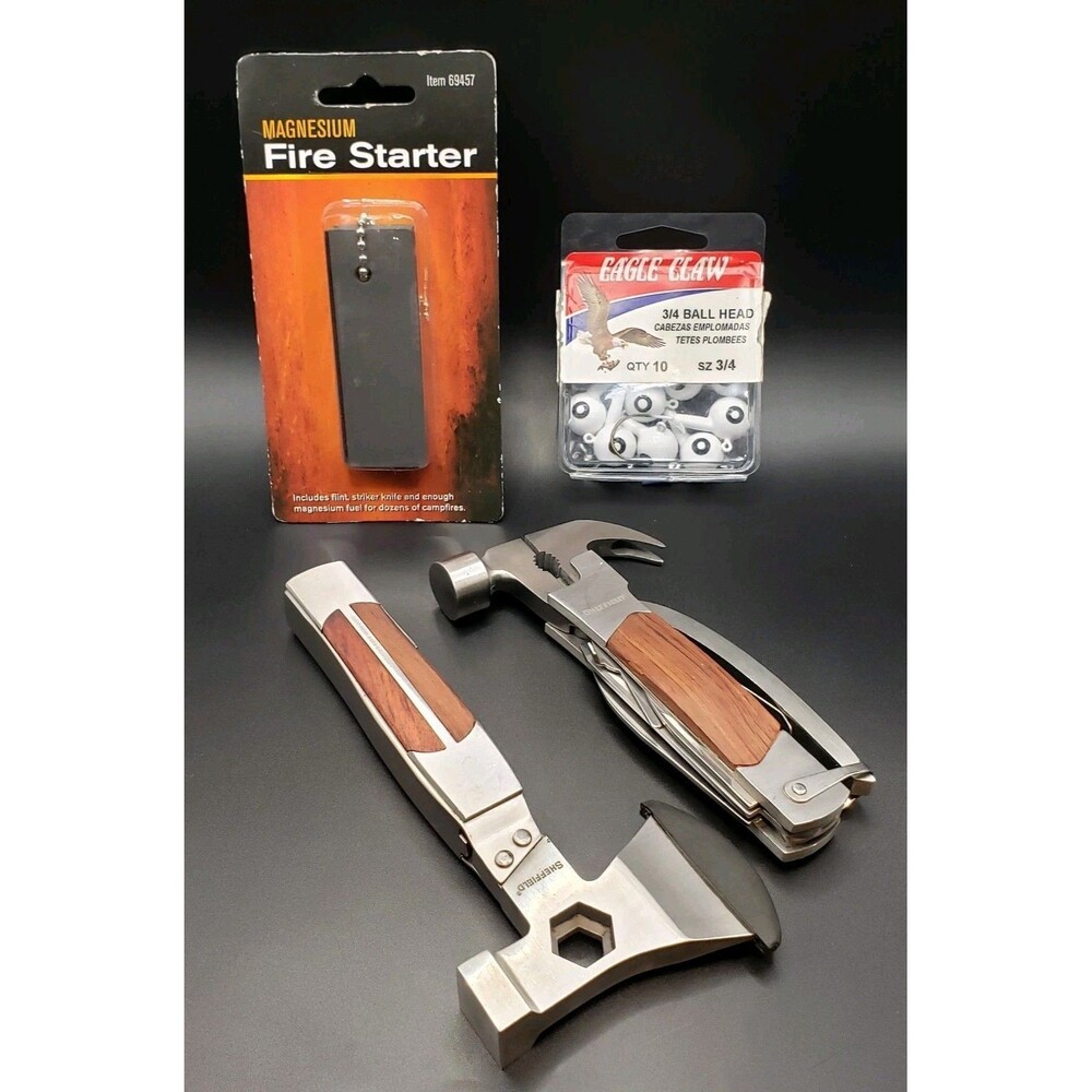 (2) Sheffield Folding Multi-Tool~Eagle Claw Fishing Hooks~Magnesium Fire Starter